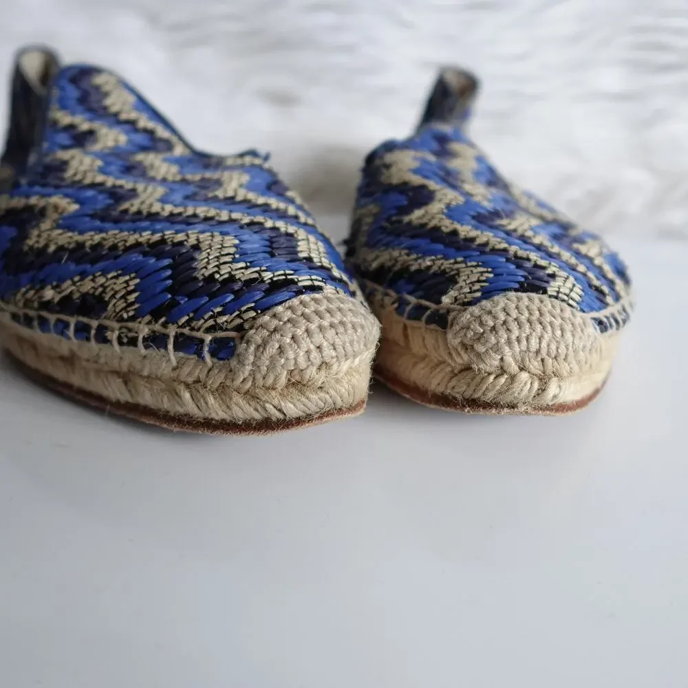 Sarah Flint Andrea Espadrille Loafers Flats Navy Raffia Linen Summer Vacation